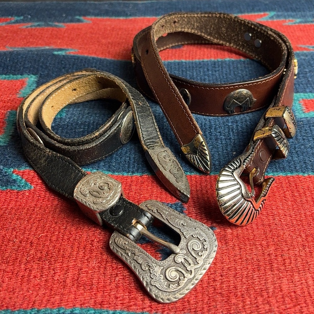 VTG Tony Lama Style Black Brown Western Leather Belt Silver Buckle Women’s S/M 2